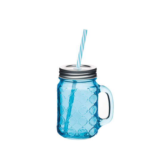 Sklenený pohár s uškom a slamkou - modrýphoto