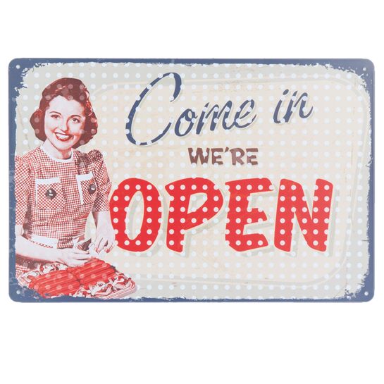 Plechová tabuľka Come in we are openphoto