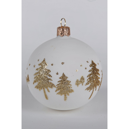 Vianočná guľa biela so stromčekmi photo